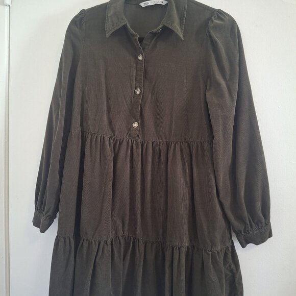 Zara Brown Corduroy Mini Shirt Dress Collared Button Tiered Long Sleeve XS - Picture 3 of 5